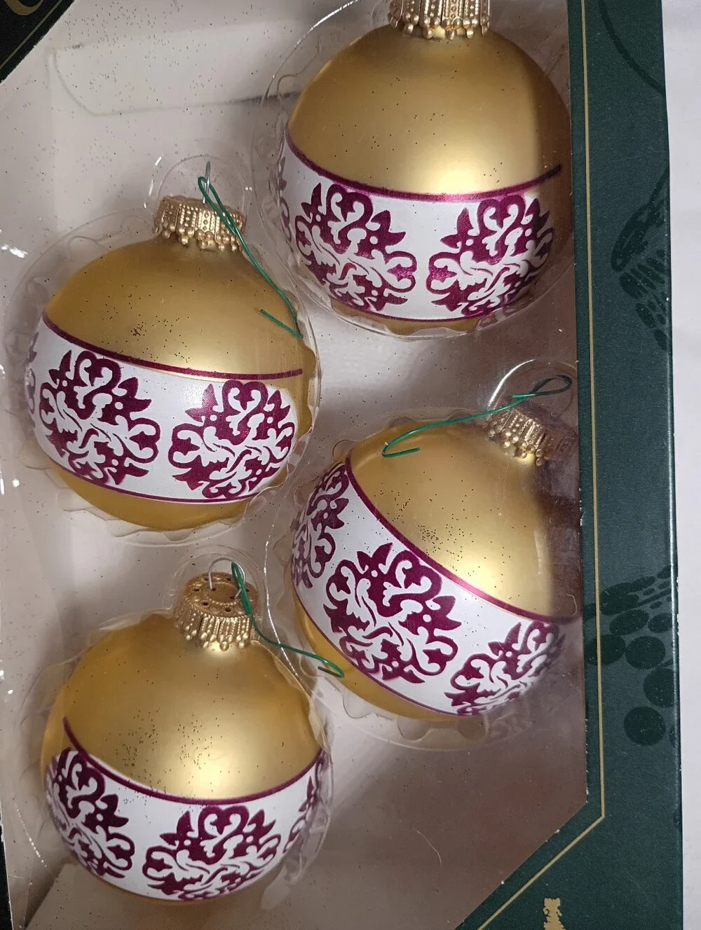 Vtg 1980s Christmas by Krebs Glass Ornaments Gold Maroon Crown Filigree Set 4